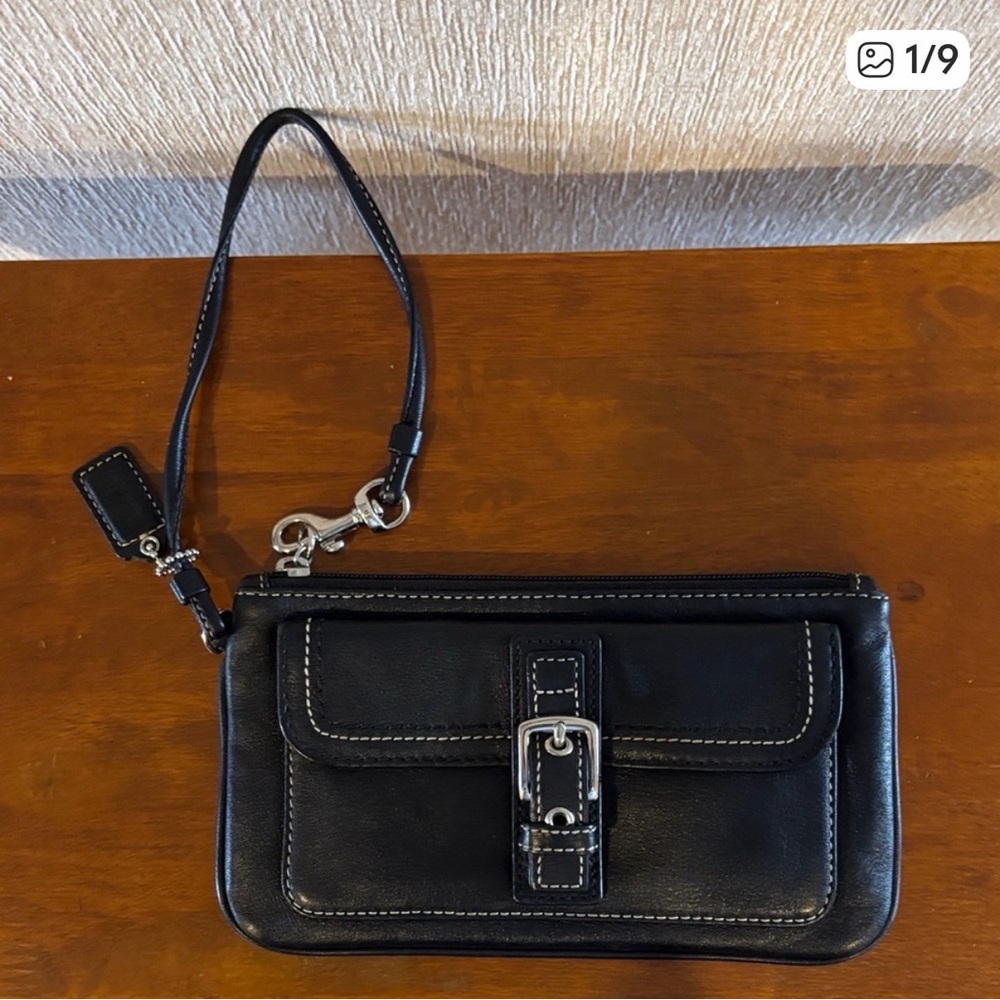 Coach Black Leather Wristlet Clutch with Silver Hardware